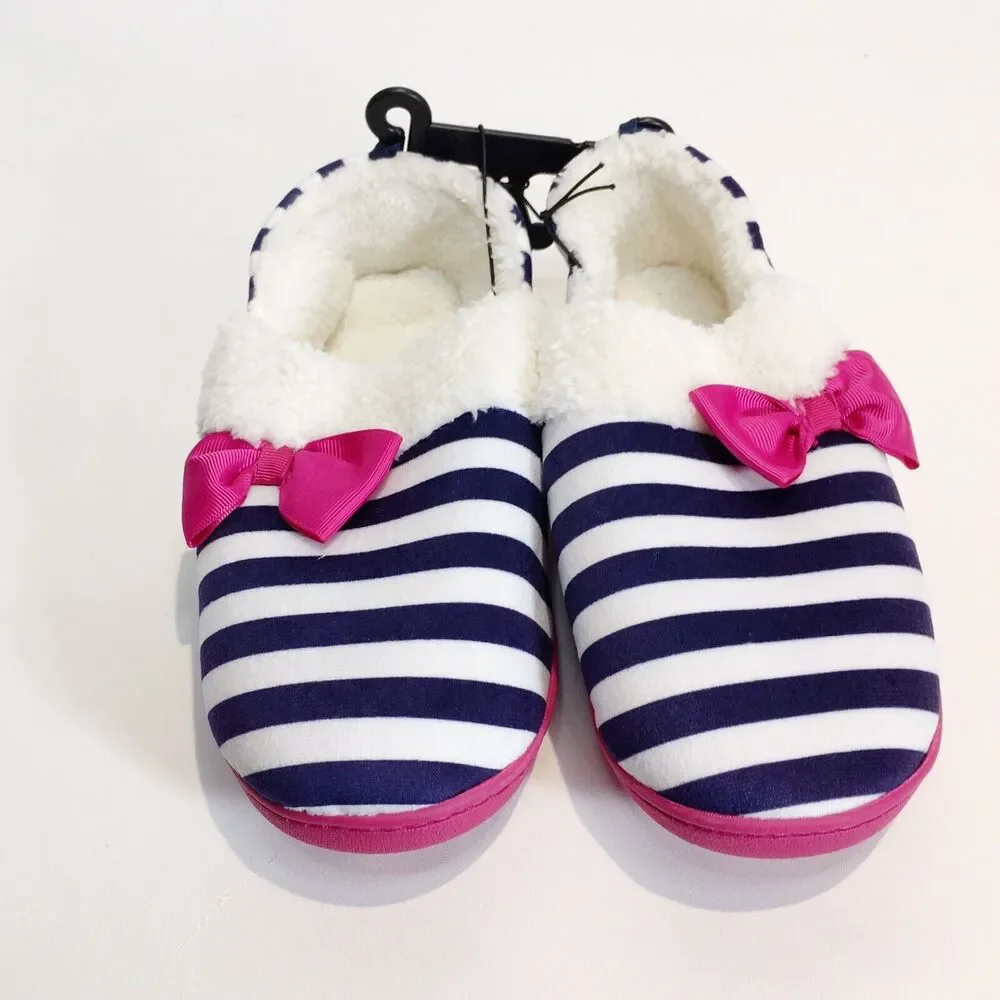 Girls Slippers NAVY BLUE WHITE STRIPED Pink Bow SHERPA LINED Rubber‎ Sole XL 4-5